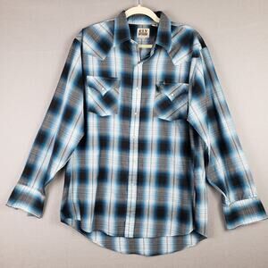 Ely Cattleman Size L Long Sleeve Textured Plaid‎ Pearl Snap Shirt Blue Western